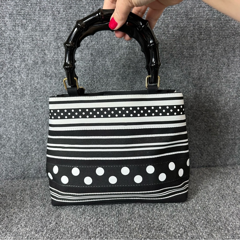 Vintage Tianni hand bag bamboo top handles black and white grosgrain ribbon 8x10 - Picture 3 of 13